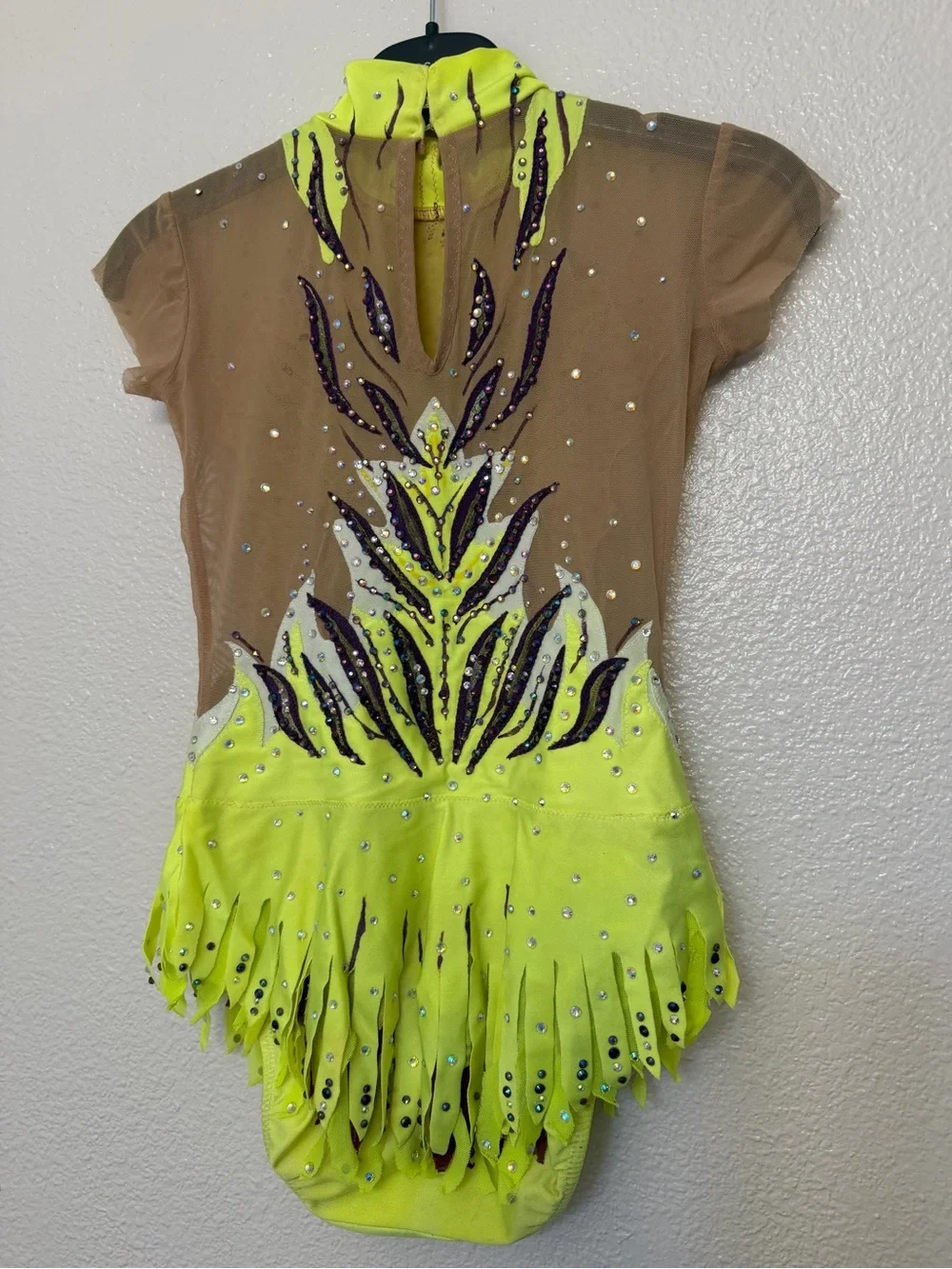 Custom Hand Painted Rhythmic Gymnastic Costume Neon Lime Purple Rhinestone CM CL